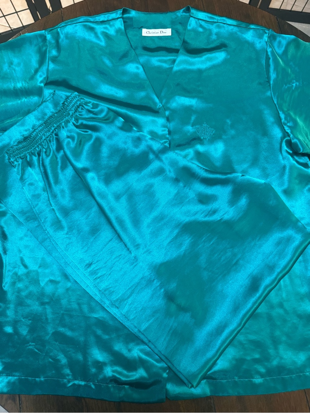 Vtg Christian Dior Teal Satin Pajamas Womens M Monogram Short Sleeve Old Money